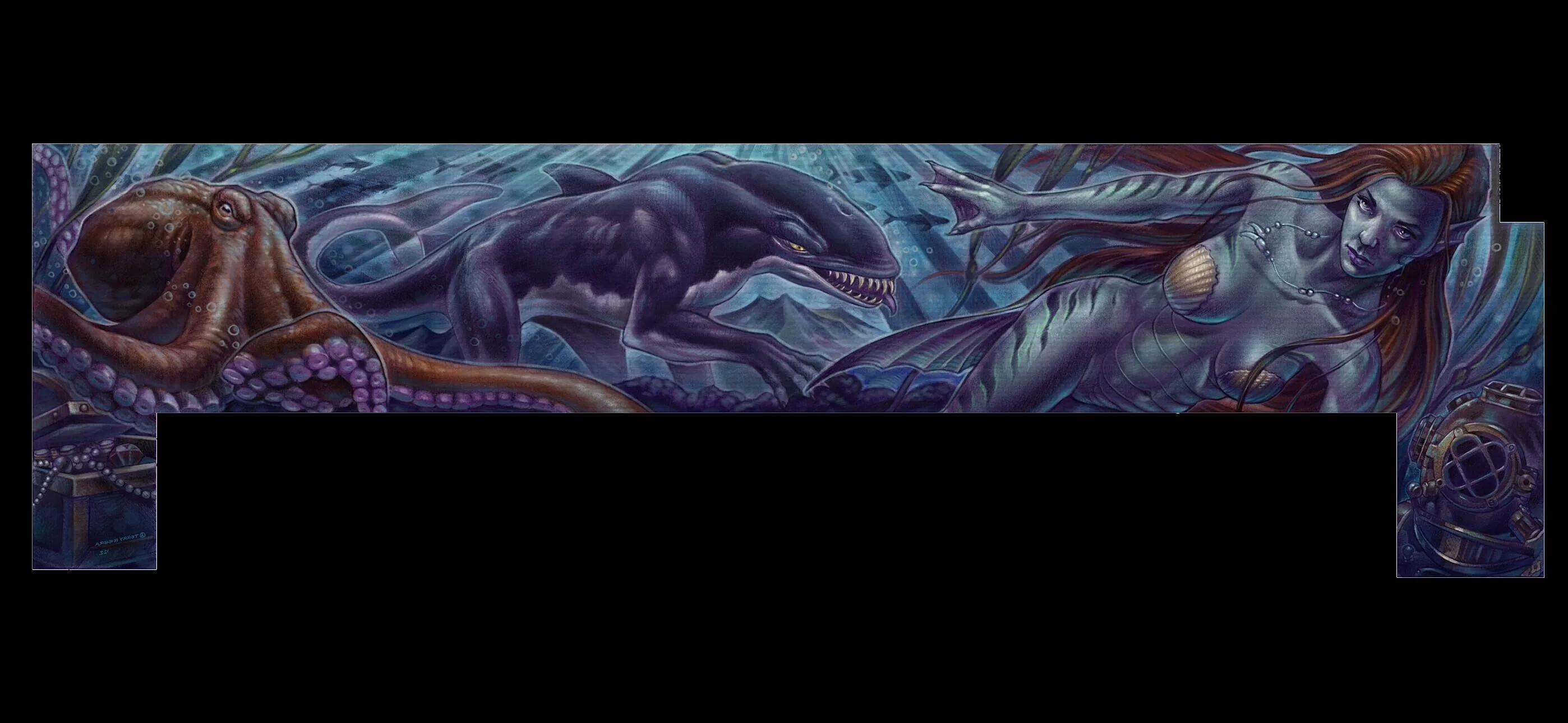 Commissioned mural for Sea Tavern restaurant San Diego — large-scale underwater ocean scene featuring a mermaid, giant octopus, shark creature, treasure chest and vintage diving helmet, digital illustration heat transferred to wall, by Terry Ribera