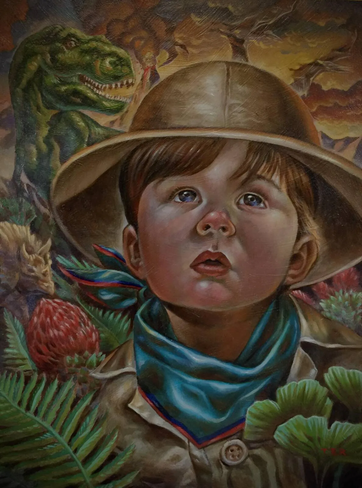 Commissioned oil painting portrait of a child named Harley in a safari hat surrounded by prehistoric ferns and a T-Rex, by Terry Ribera San Diego