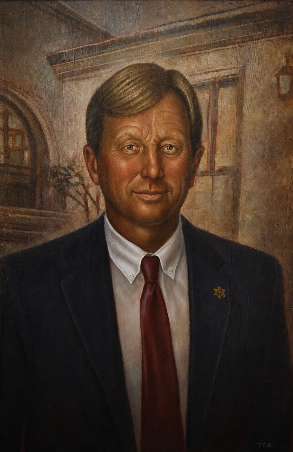 Commissioned formal oil painting portrait of a man in suit with architectural background, by Terry Ribera San Diego