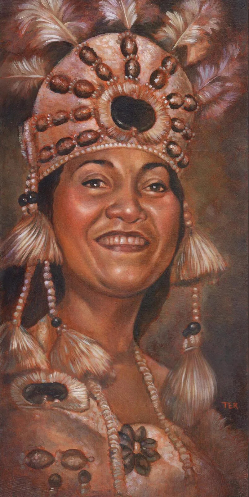 Commissioned oil painting portrait of a woman in traditional Tahitian dress and elaborate feather and shell headdress, by Terry Ribera San Diego