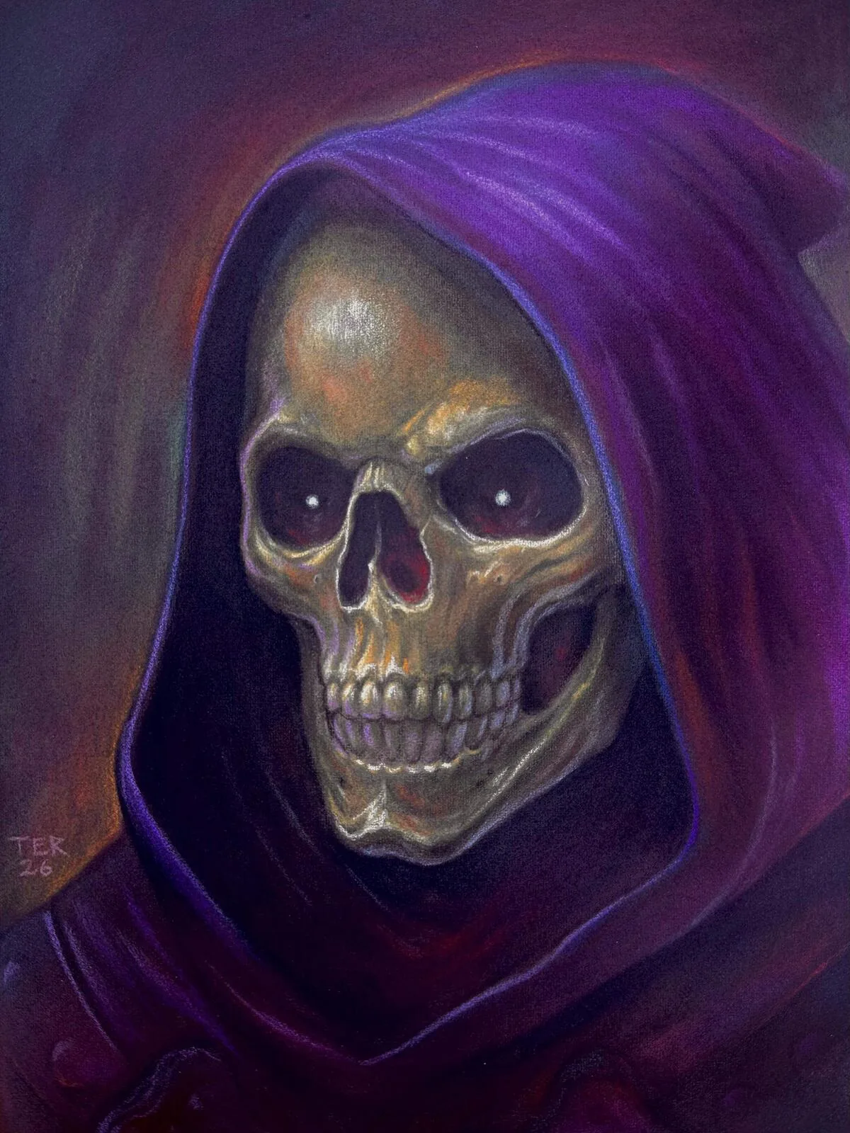 Original chalk pastel painting of Skeletor skull in a deep purple hood, by Terry Ribera San Diego