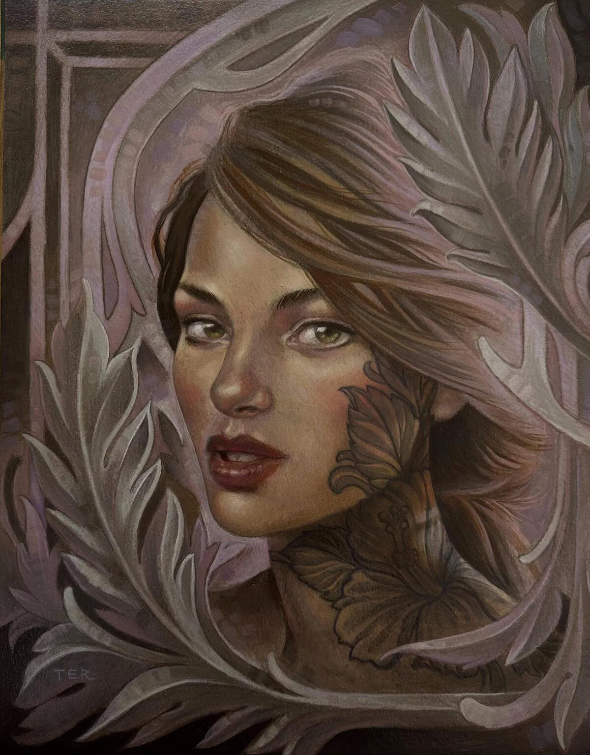 Original oil painting of a woman's portrait surrounded by Art Nouveau foliage with a butterfly neck tattoo, by Terry Ribera San Diego