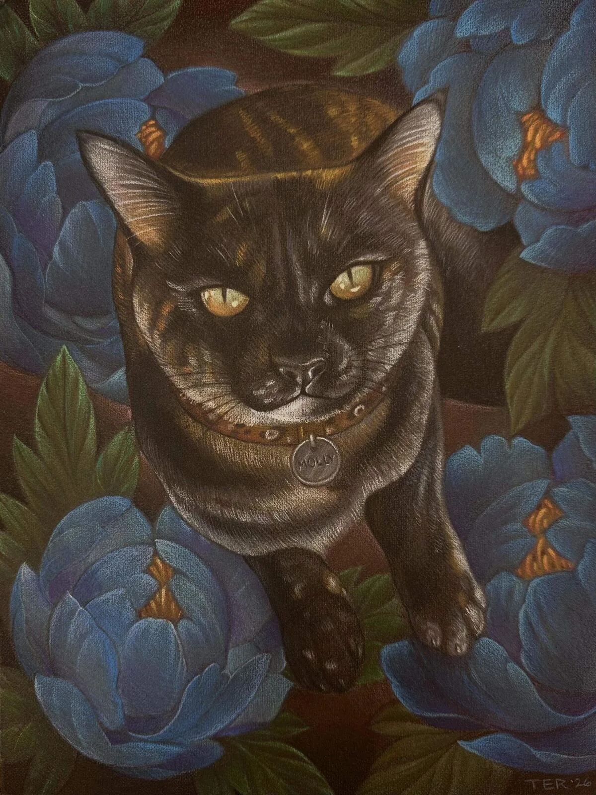 Custom pet portrait oil painting of a black cat named Molly with green eyes surrounded by blue peonies, by Terry Ribera San Diego