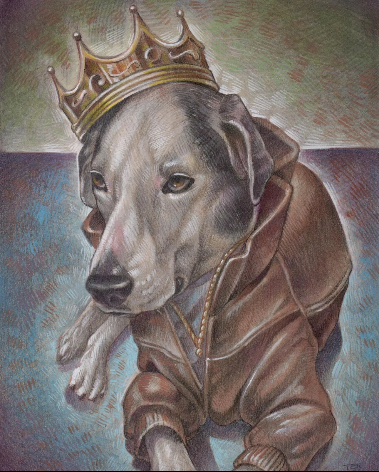 Custom pet portrait of a lab mix dog wearing a gold crown and hoodie, street royalty character portrait, colored pencil, by Terry Ribera San Diego