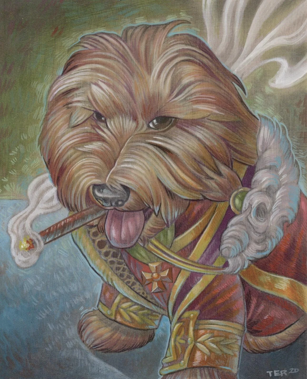 Custom pet portrait of a goldendoodle in royal military general uniform with cigar, oil and acrylic, by Terry Ribera San Diego