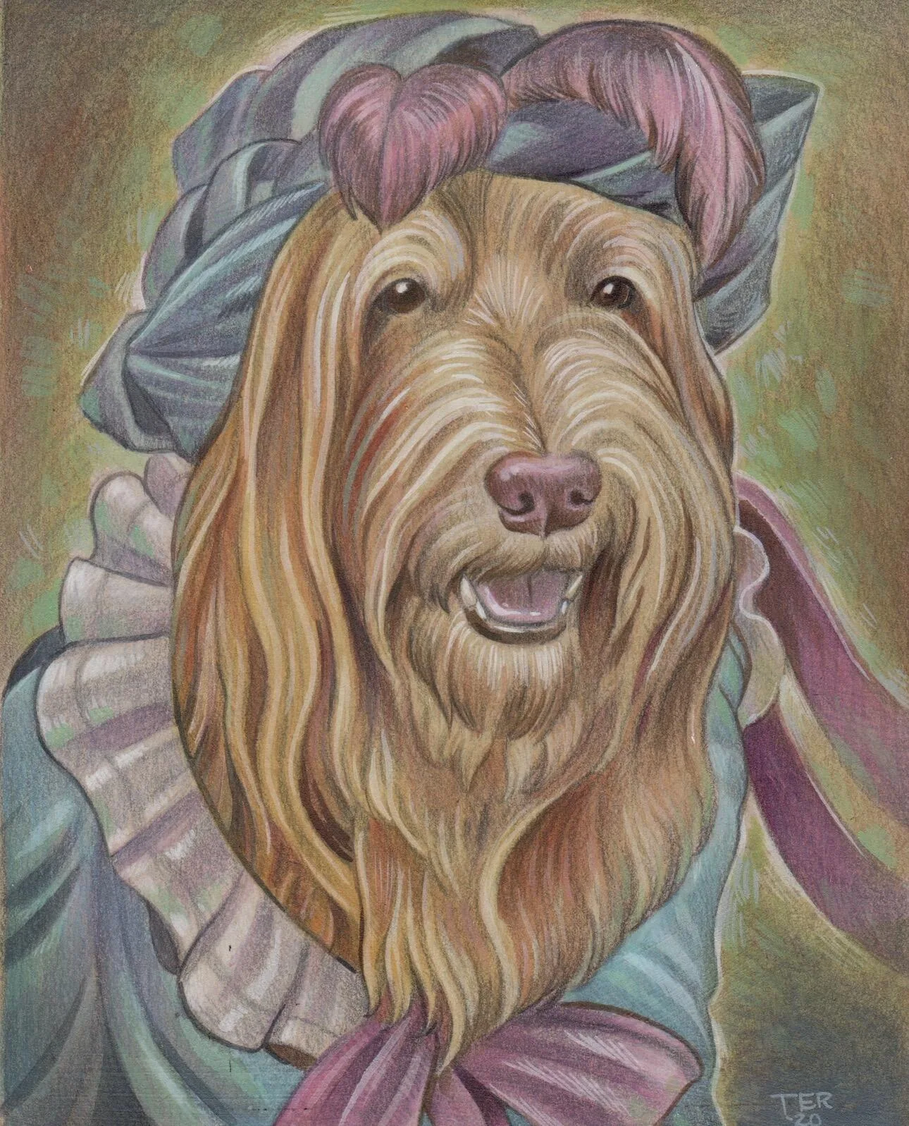 Custom pet portrait of a terrier mix dressed as a Victorian lady with bonnet and pink hair, colored pencil, by Terry Ribera San Diego