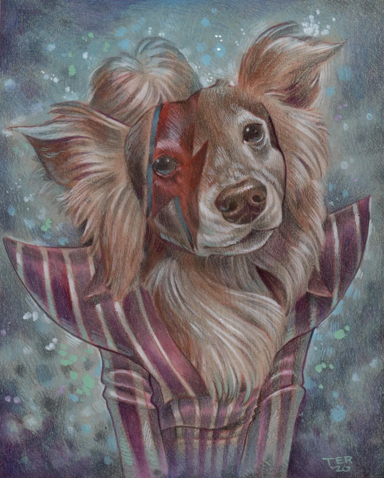 Custom pet portrait of a dog as David Bowie's Ziggy Stardust with lightning bolt face paint and striped costume, colored pencil, by Terry Ribera San Diego