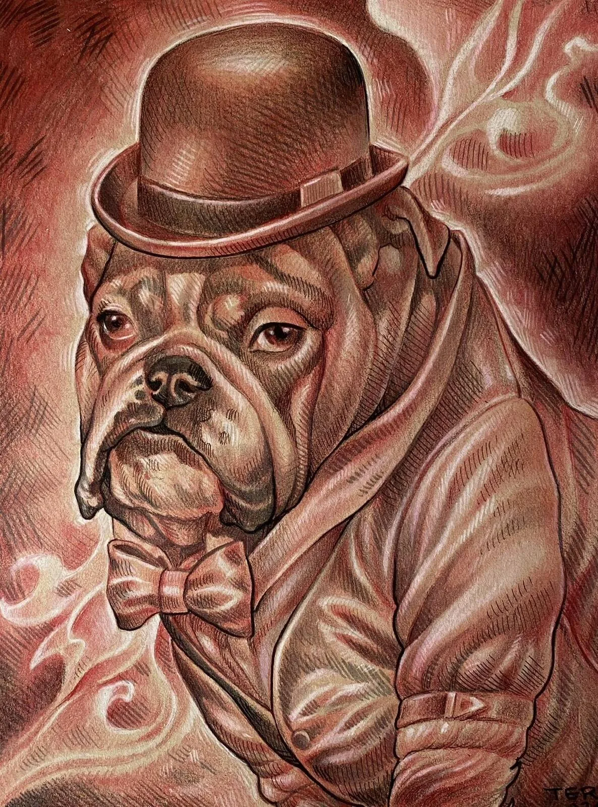 Custom pet portrait of an English bulldog wearing a bowler hat and bow tie as a gentleman, chalk pastel monochrome, by Terry Ribera San Diego