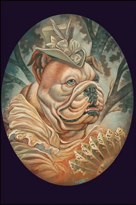 Custom pet portrait of an English bulldog as a Victorian lady with feathered top hat and lace fan in an oval frame, acrylic on panel, by Terry Ribera San Diego