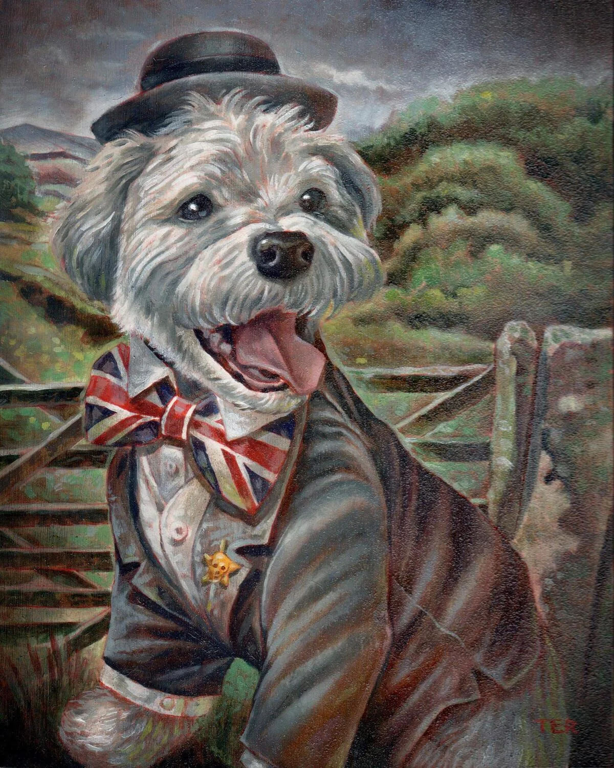 Custom pet portrait oil painting of a white Highland Terrier wearing a bowler hat and Union Jack bow tie in British countryside, by Terry Ribera San Diego