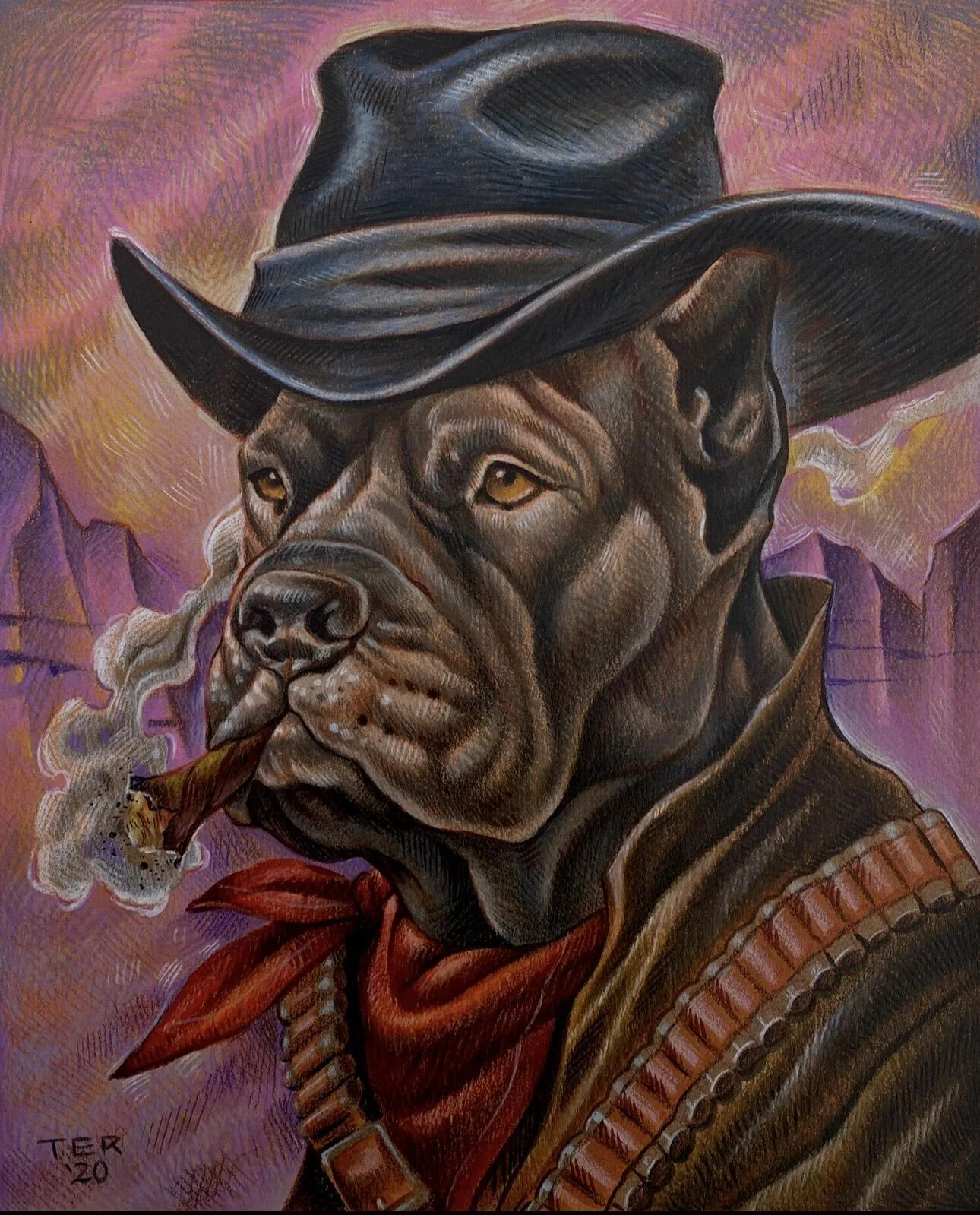 Custom pet portrait of a pit bull dressed as a western outlaw with cowboy hat and cigar, colored pencil, by Terry Ribera San Diego