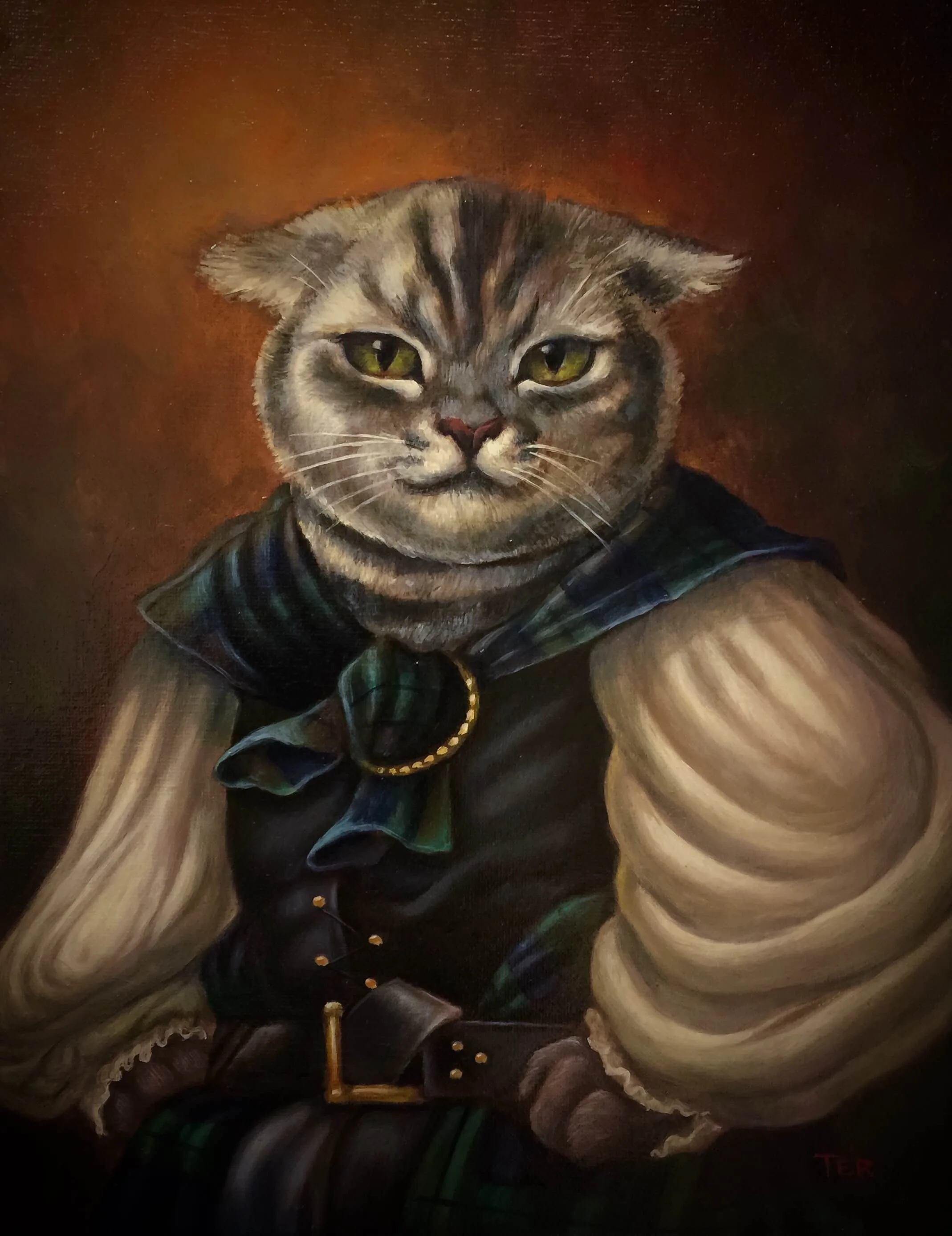 Custom pet portrait oil painting of a Scottish Fold cat dressed as a Highland warrior in tartan with ruffled shirt and leather belt, by Terry Ribera San Diego