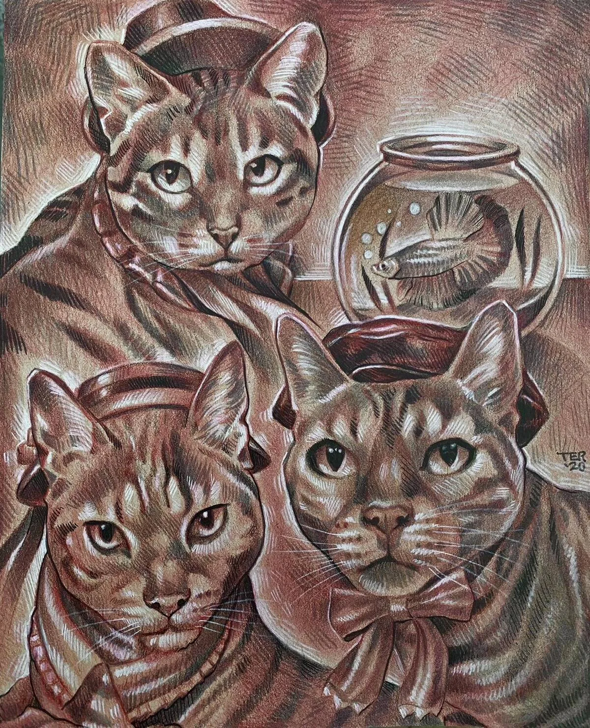 Custom pet portrait of three tabby cats dressed in Victorian attire with bow ties and a fish bowl, colored pencil, by Terry Ribera San Diego