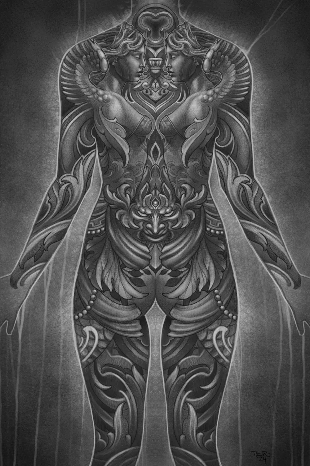 Art Nouveau goddess body suit design drawing by Terry Ribera — an invented composition, not copied reference