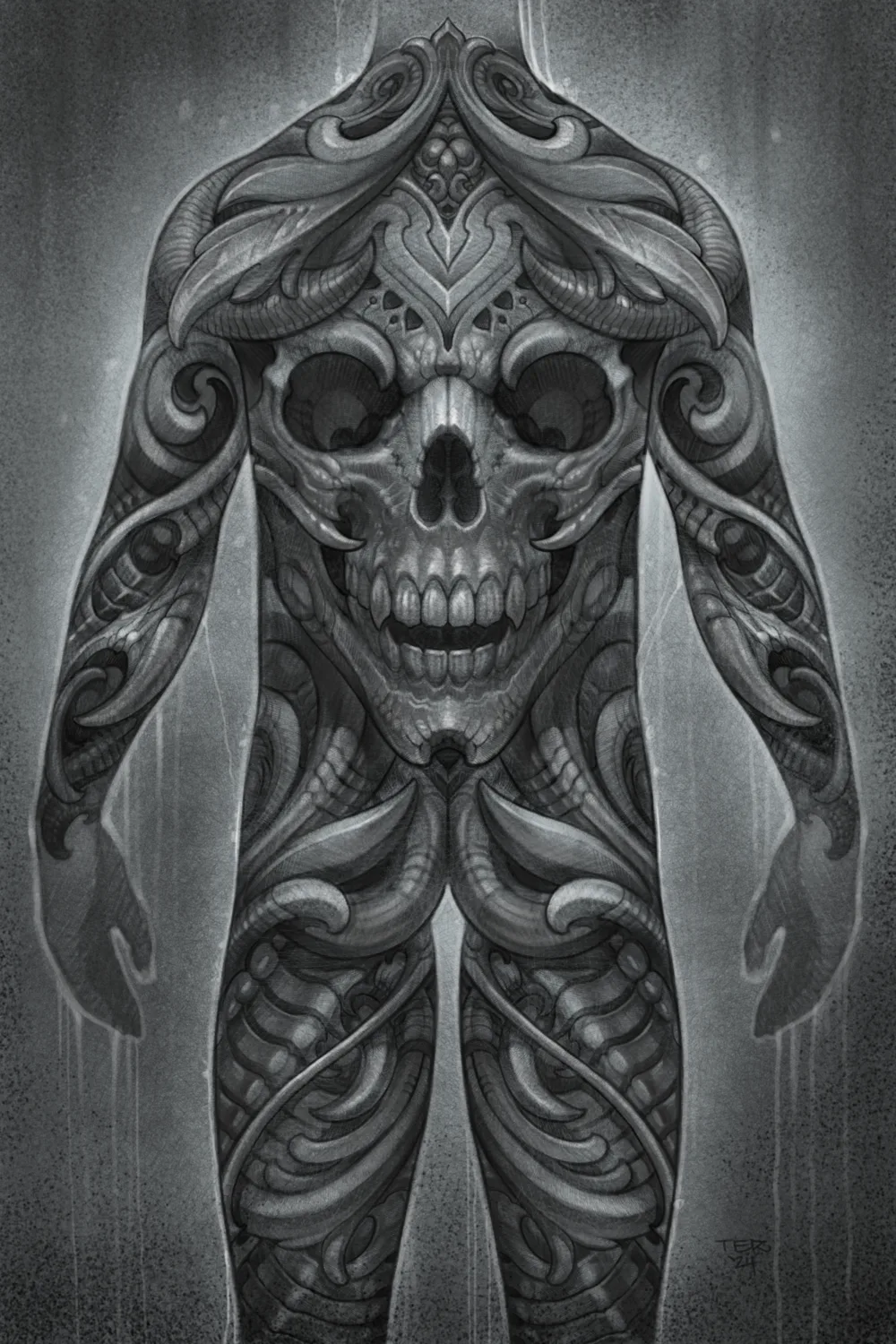 Bio-organic skull body suit design drawing by Terry Ribera, San Diego
