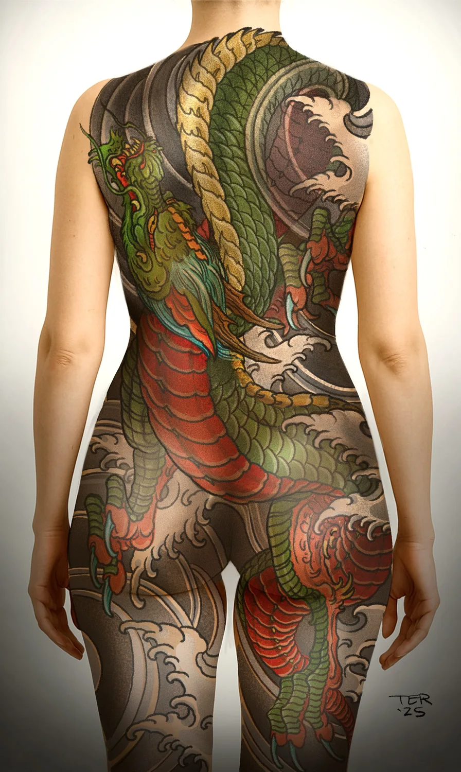 Custom Neo Japanese green dragon full body suit tattoo by Terry Ribera, San Diego