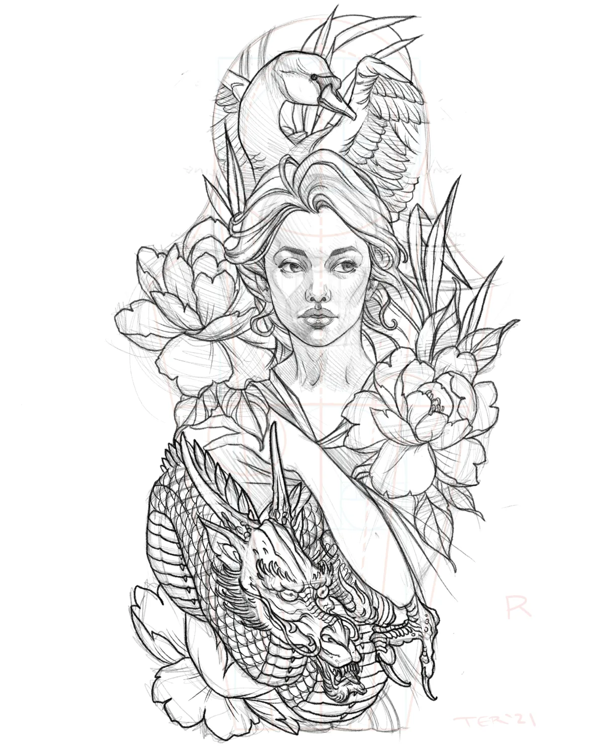 Original pencil drawing of a woman with a swan and dragon by Terry Ribera — custom tattoo design work