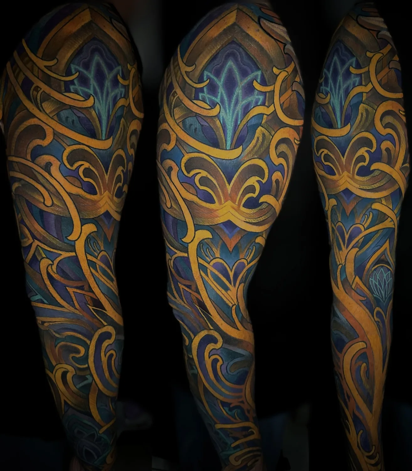 Ornamental Art Nouveau gold and blue color sleeve by Terry Ribera, San Diego