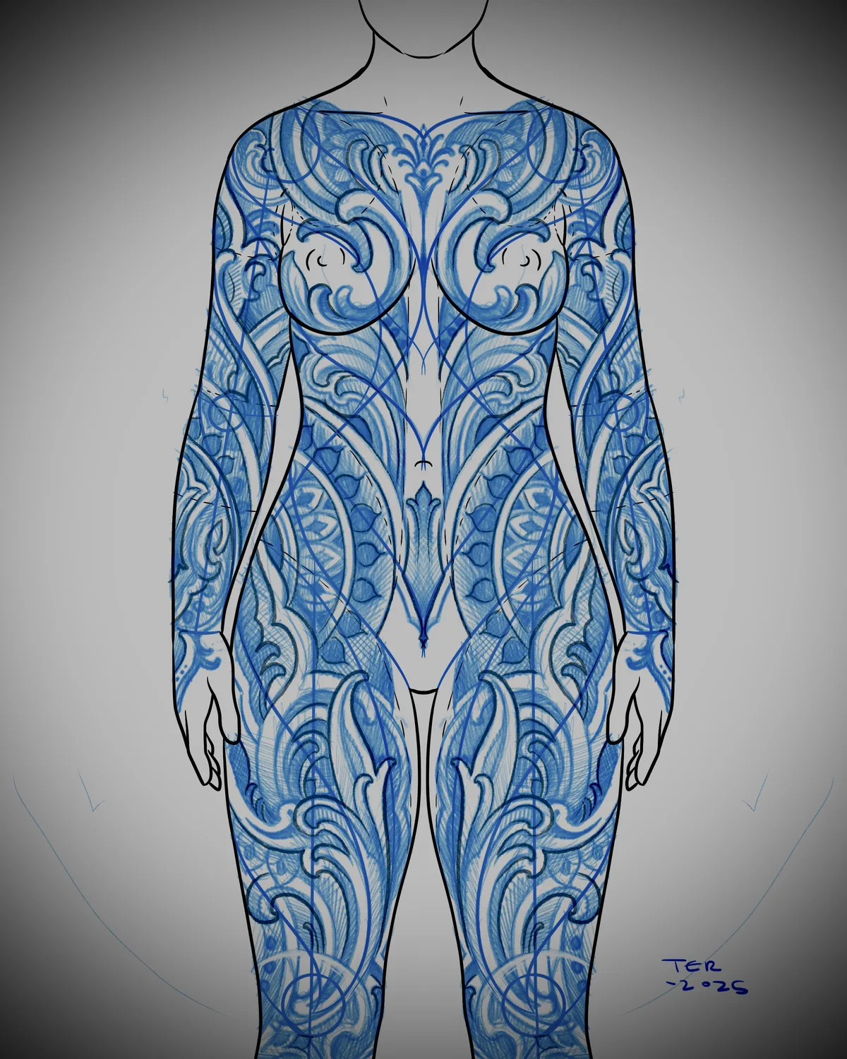 Ornamental full body suit design in blue by Terry Ribera — one continuous composition planned for the whole body