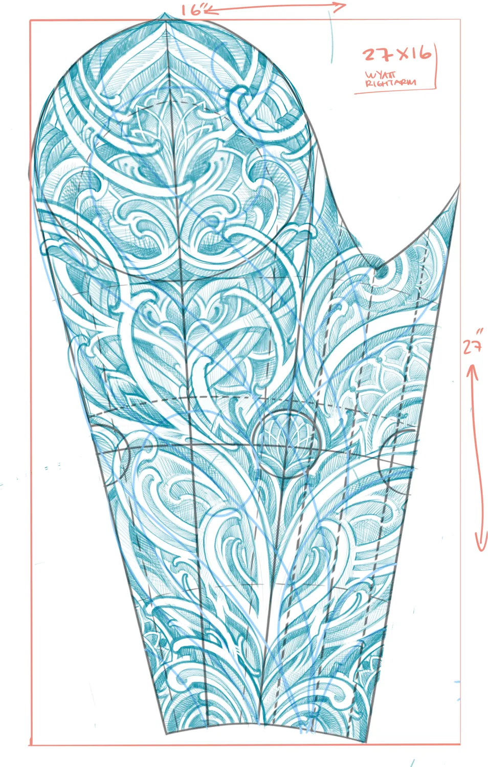 Ornamental sleeve layout design by Terry Ribera, San Diego