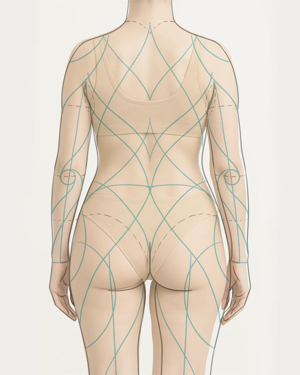 Rhythm-line flow diagram over a back and body by Terry Ribera — organic S-curves that wrap the anatomy
