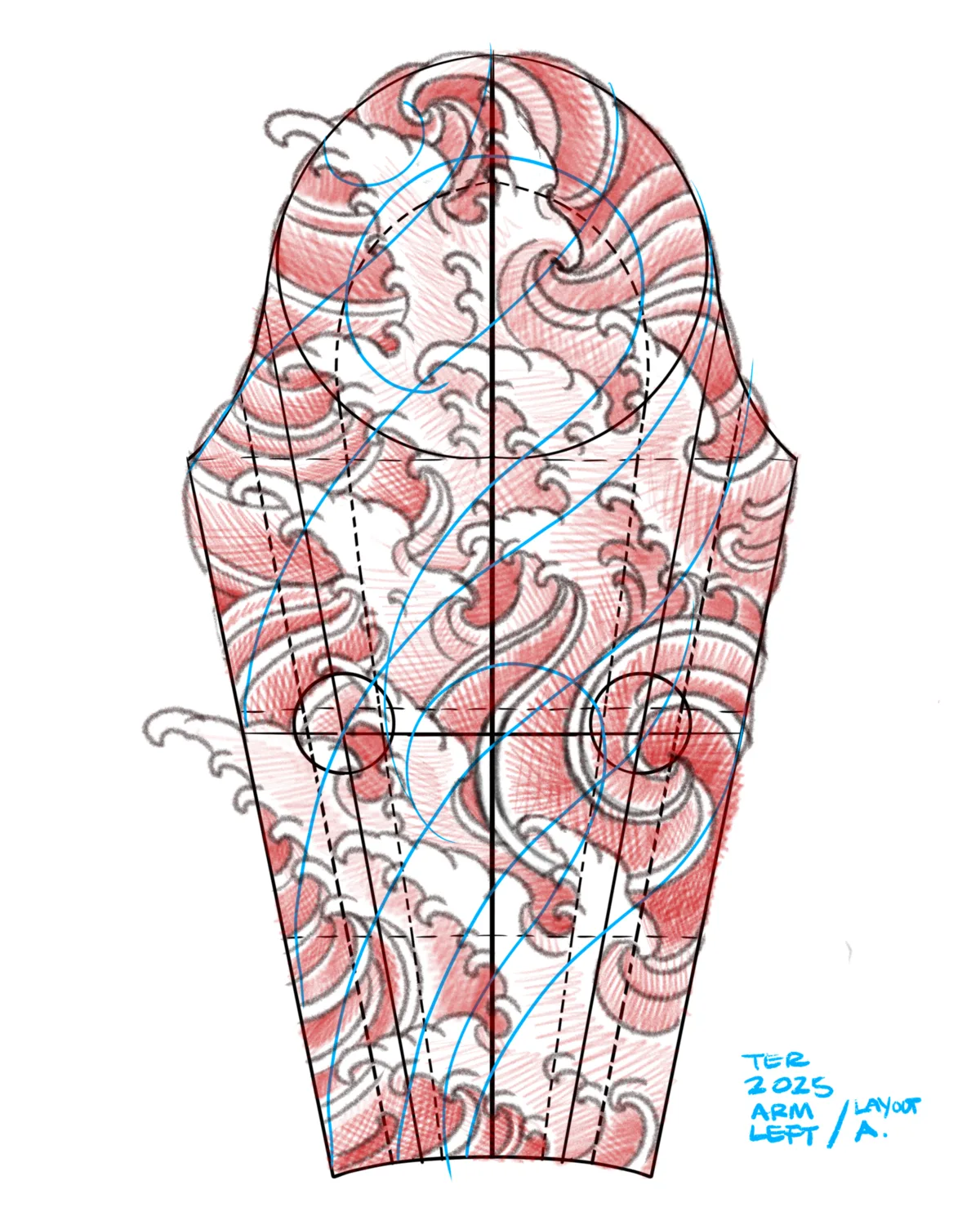 Custom sleeve layout design with waves by Terry Ribera — planning flow before the first session