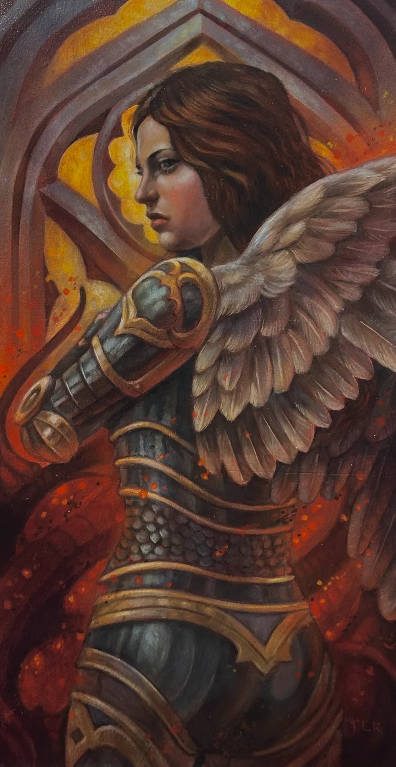 Illustrative archangel warrior woman painting by Terry Ribera, San Diego