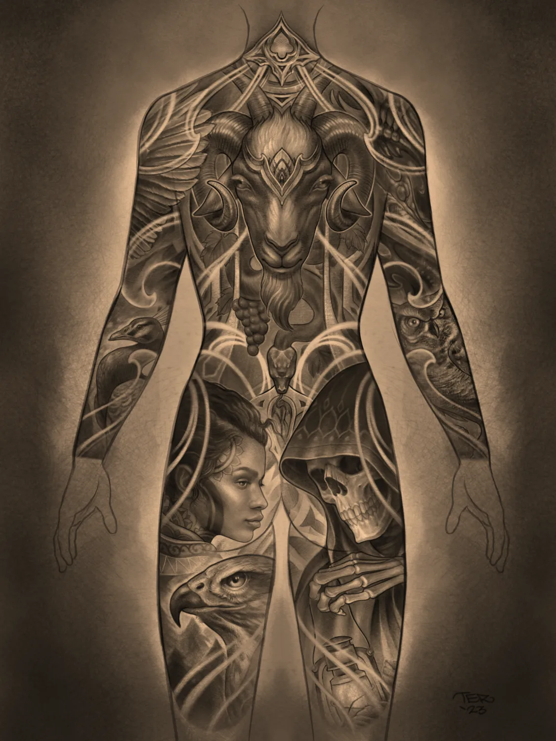 Illustrative biomech body suit design drawing by Terry Ribera, San Diego