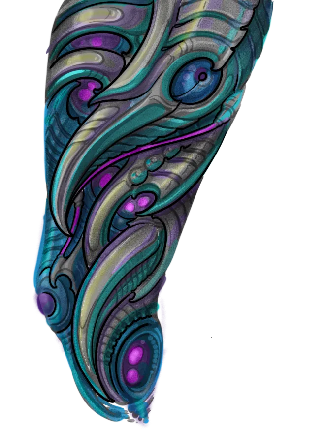 Illustrative biomech limb design drawing in blue by Terry Ribera, San Diego