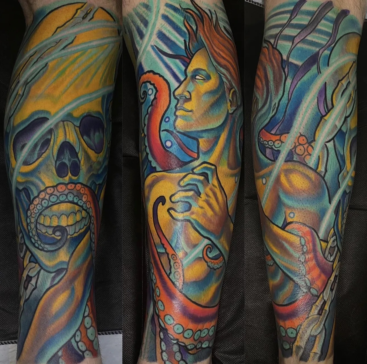 Illustrative biomech skull and figures color leg sleeves by Terry Ribera, San Diego