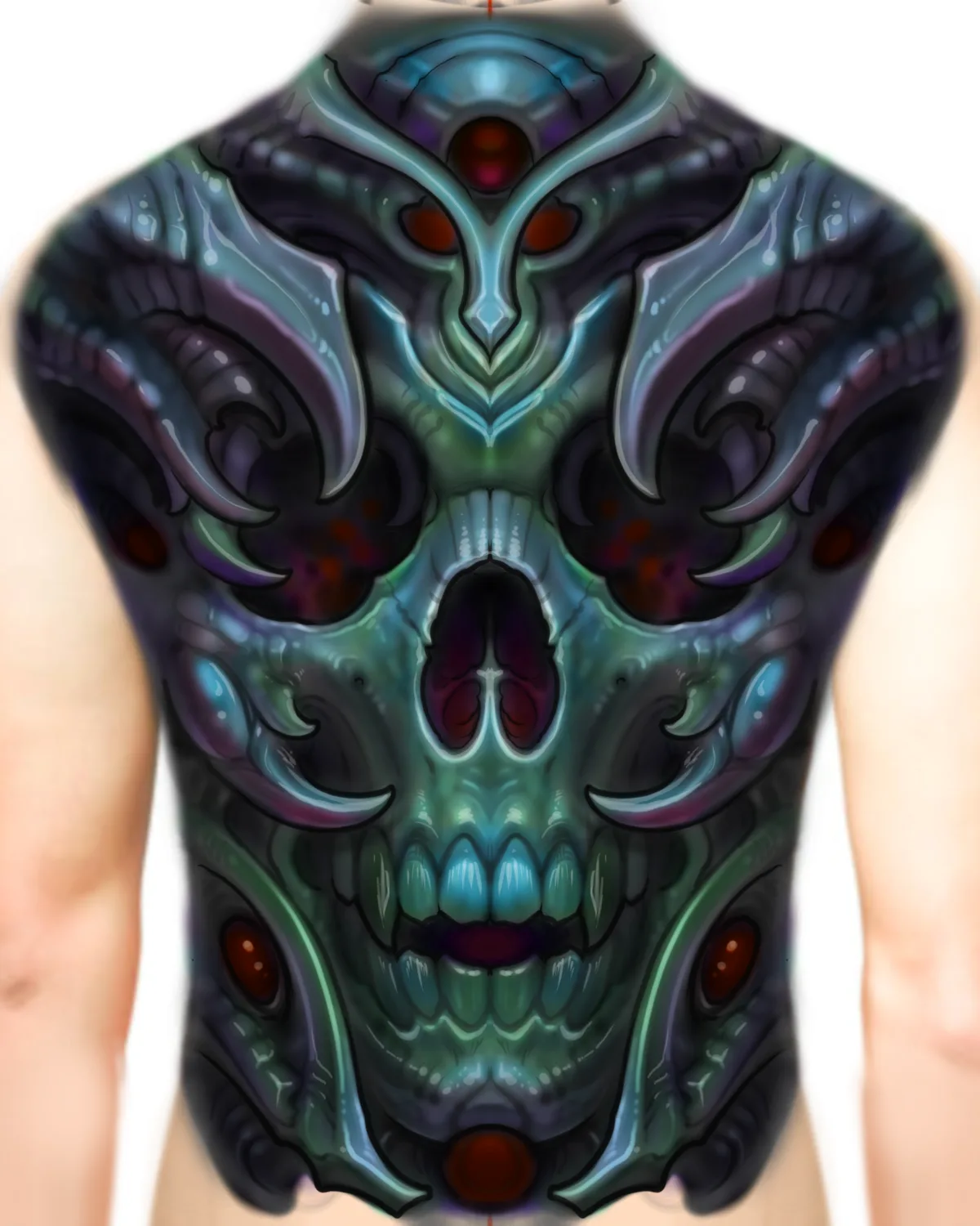 Illustrative biomech skull back piece by Terry Ribera, San Diego