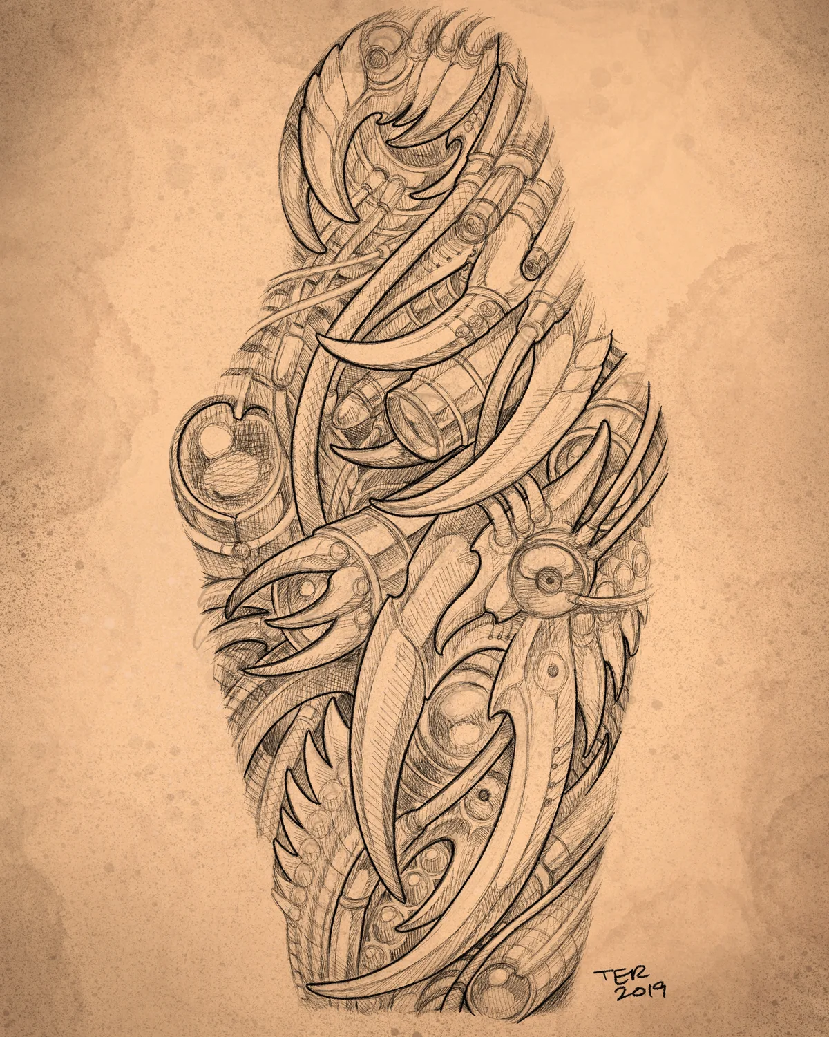 Illustrative biomech sleeve design drawing by Terry Ribera, San Diego