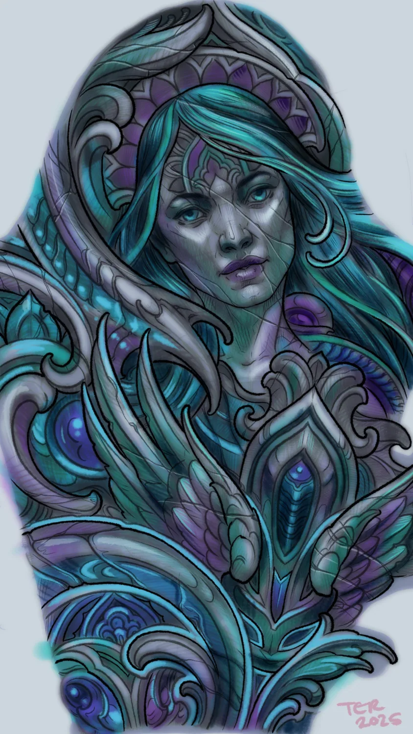 Illustrative biomech woman painting in blue by Terry Ribera, San Diego