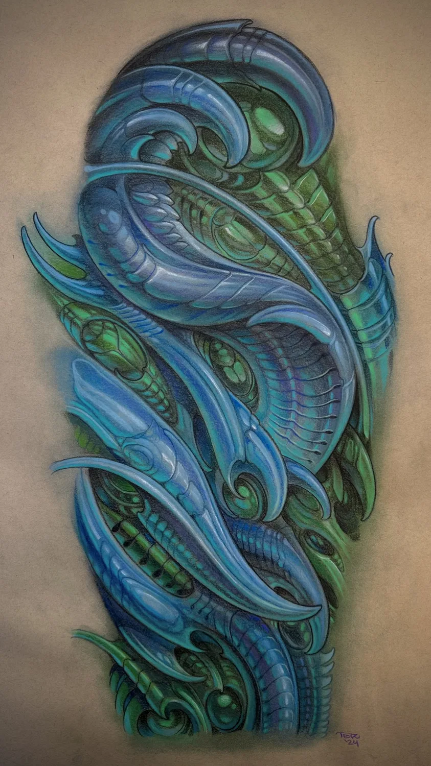 Illustrative blue and green bio-organic painting by Terry Ribera, San Diego