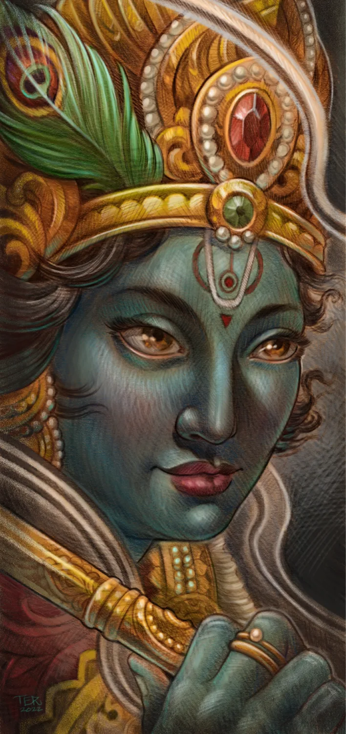 Illustrative blue deity painting by Terry Ribera, San Diego
