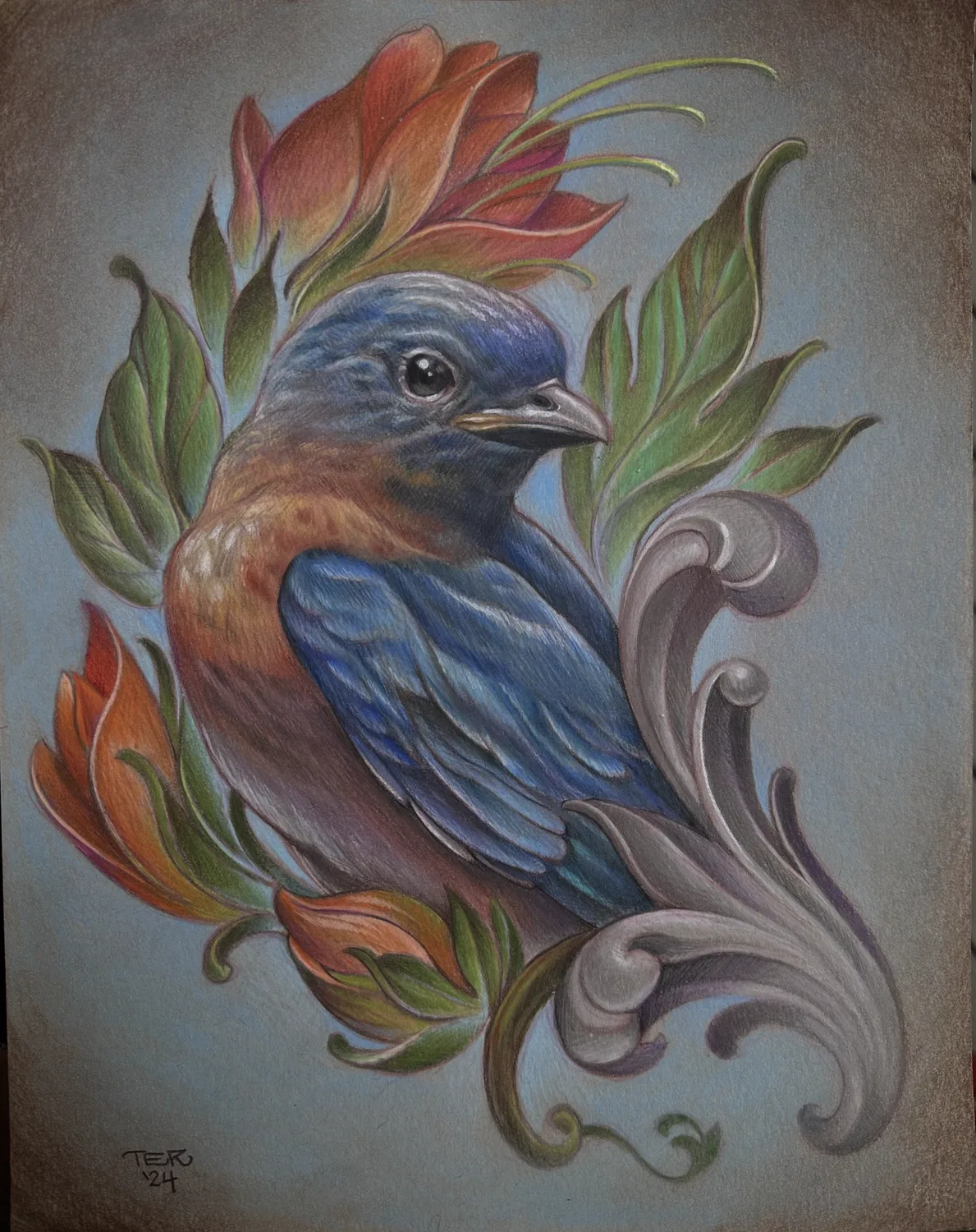 Illustrative bluebird and tulip painting by Terry Ribera, San Diego