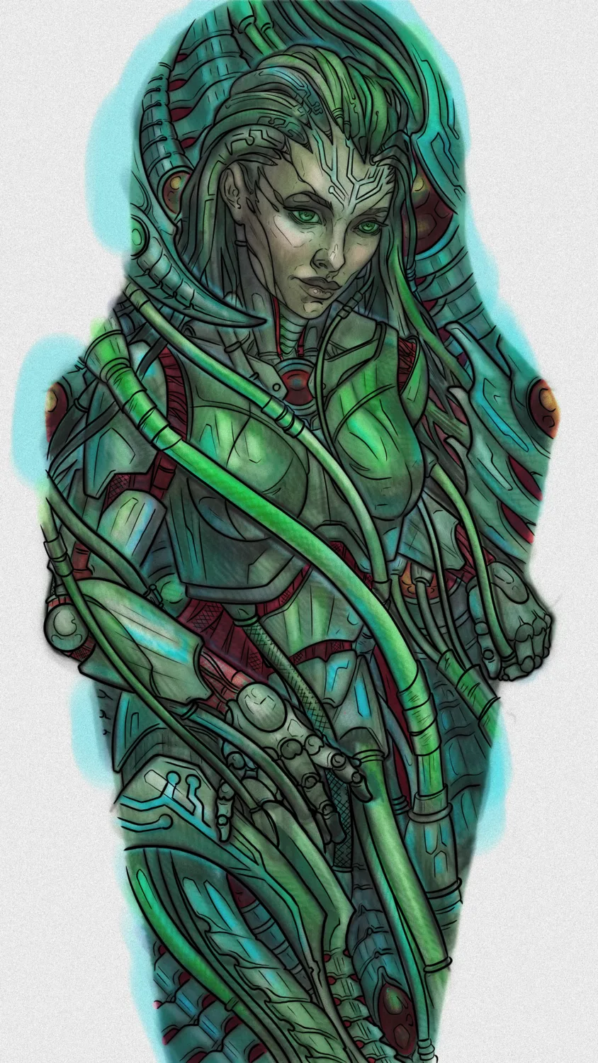 Illustrative cyborg woman painting in green by Terry Ribera, San Diego