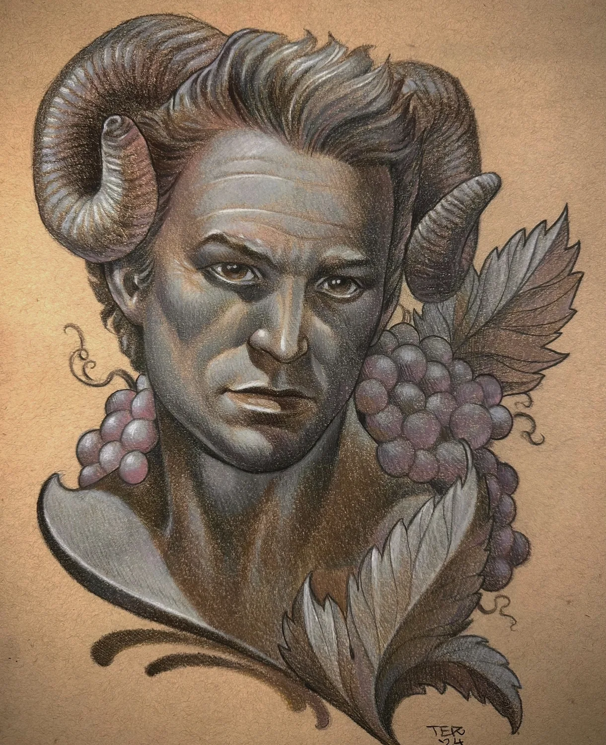 Illustrative faun with grapes painting by Terry Ribera, San Diego