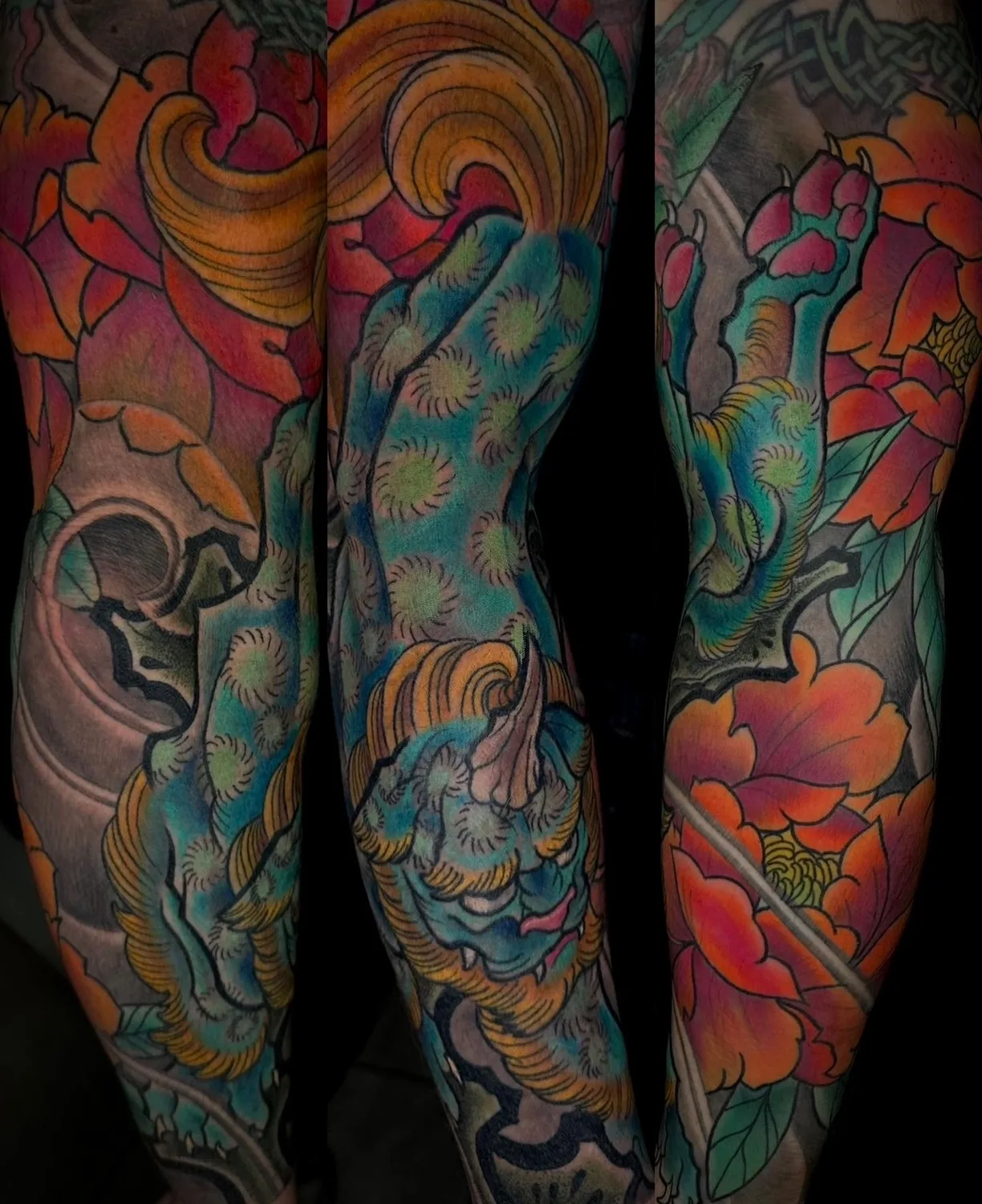 Illustrative foo dog and peony color leg sleeve by Terry Ribera, San Diego
