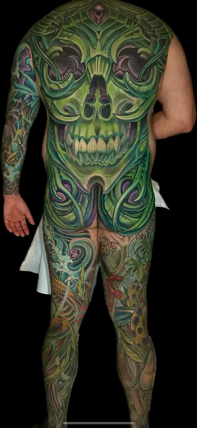 Illustrative green biomech skull body suit front by Terry Ribera, San Diego