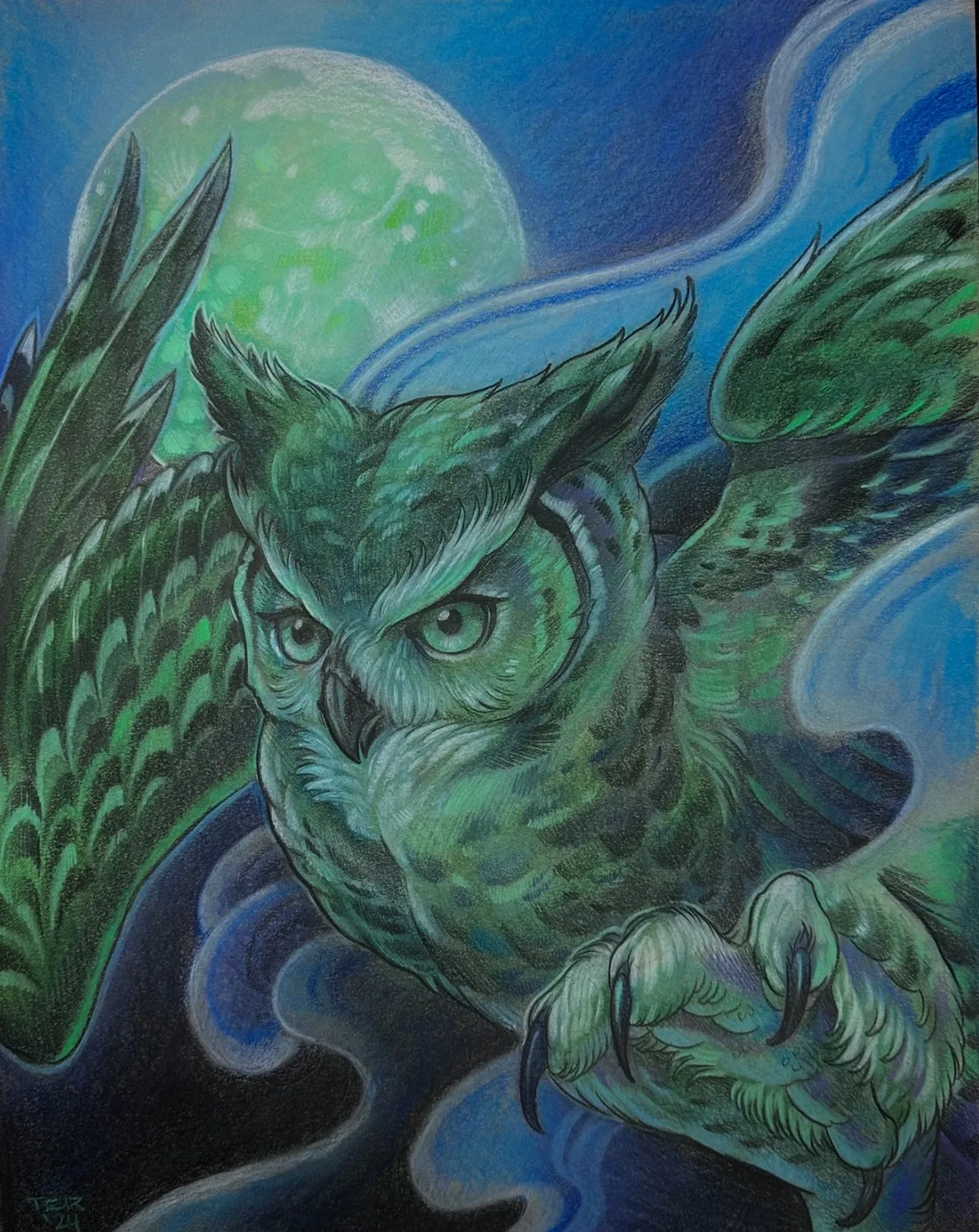 Illustrative green horned owl painting by Terry Ribera, San Diego