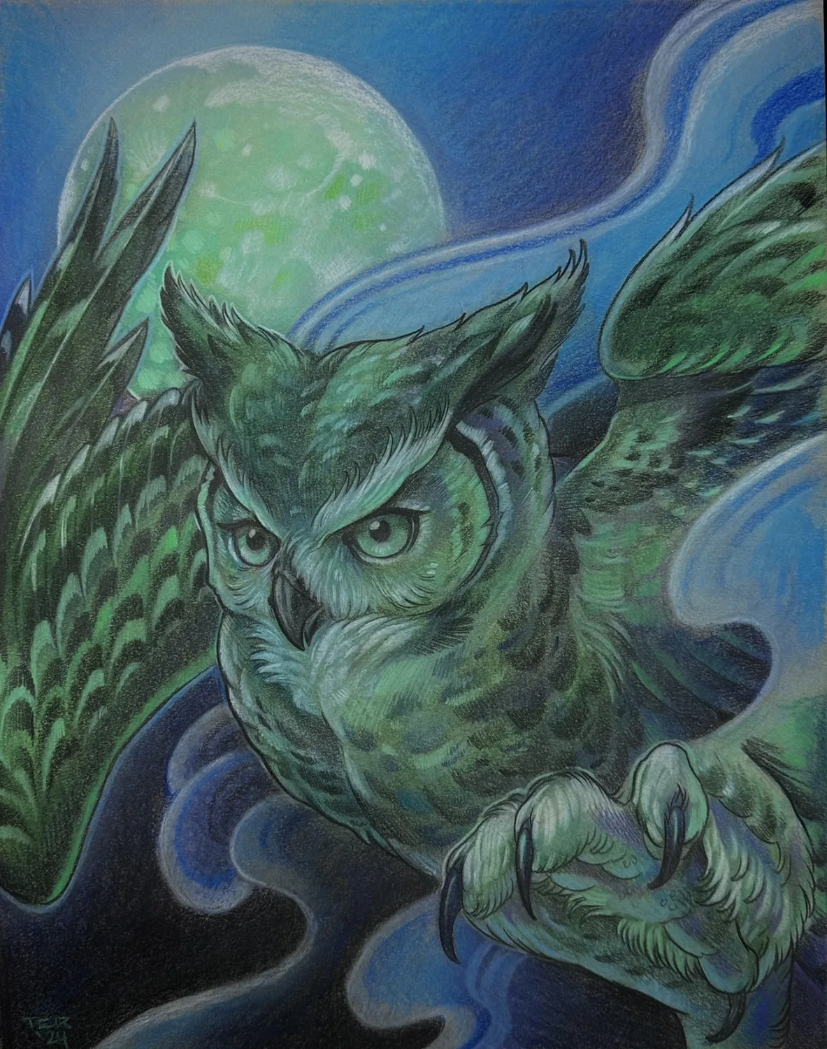 Illustrative green owl painting by Terry Ribera, San Diego