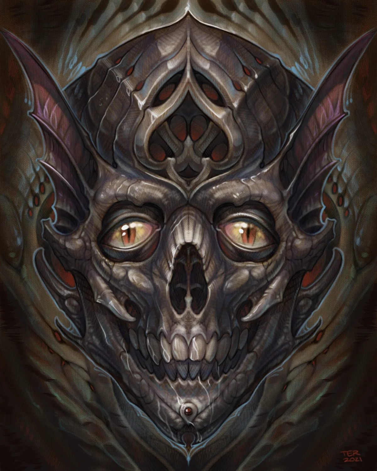Illustrative grey demon skull painting by Terry Ribera, San Diego