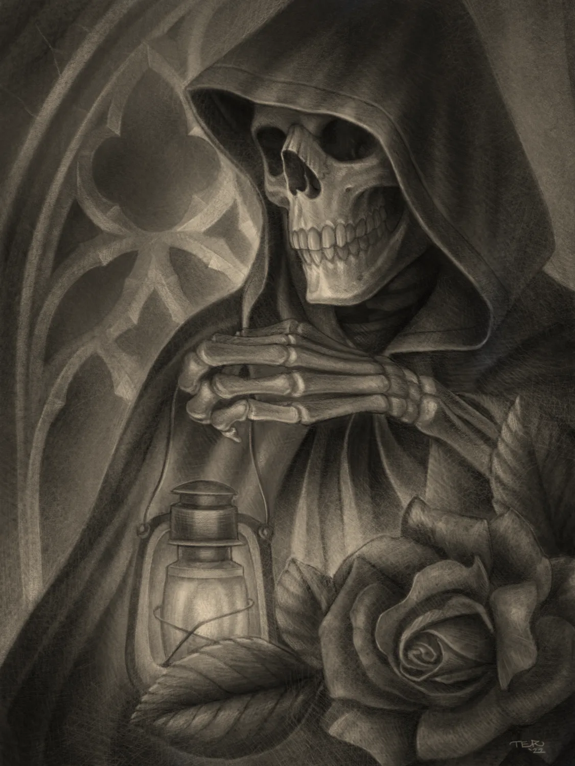 Illustrative grim reaper graphite drawing by Terry Ribera, San Diego