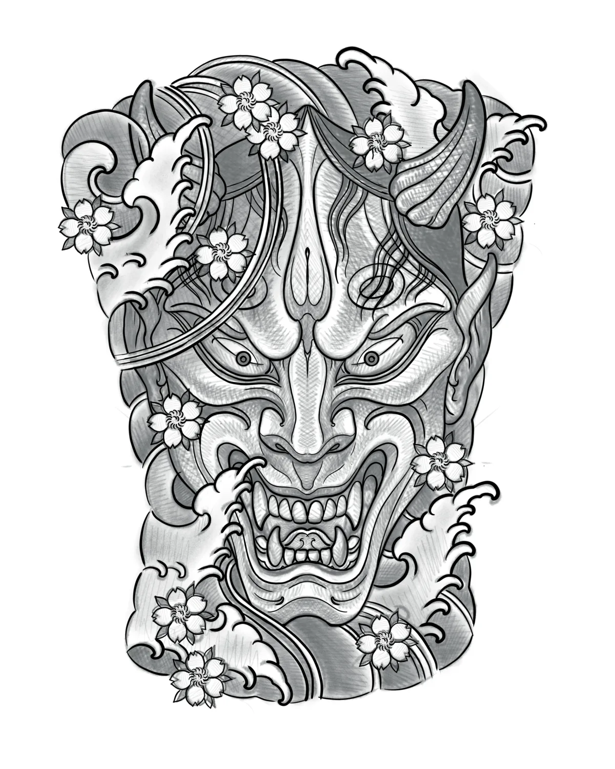 Illustrative hannya and peony design drawing by Terry Ribera, San Diego