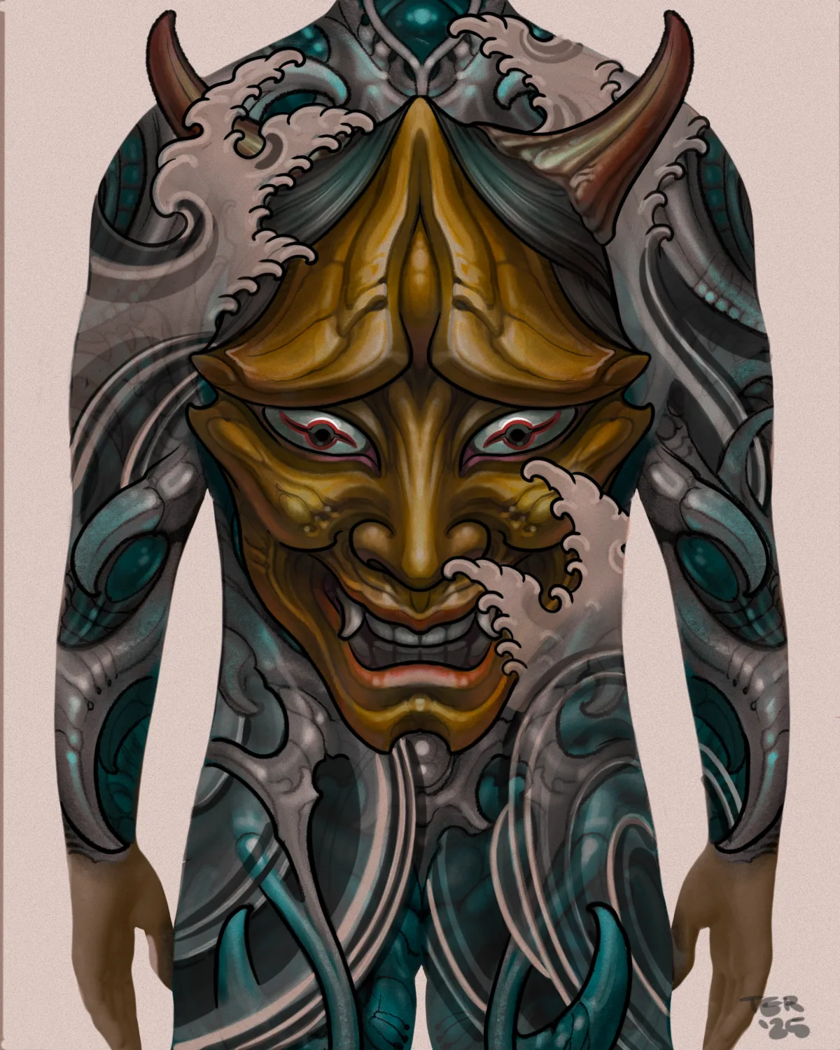 Illustrative hannya biomech body suit design drawing by Terry Ribera, San Diego
