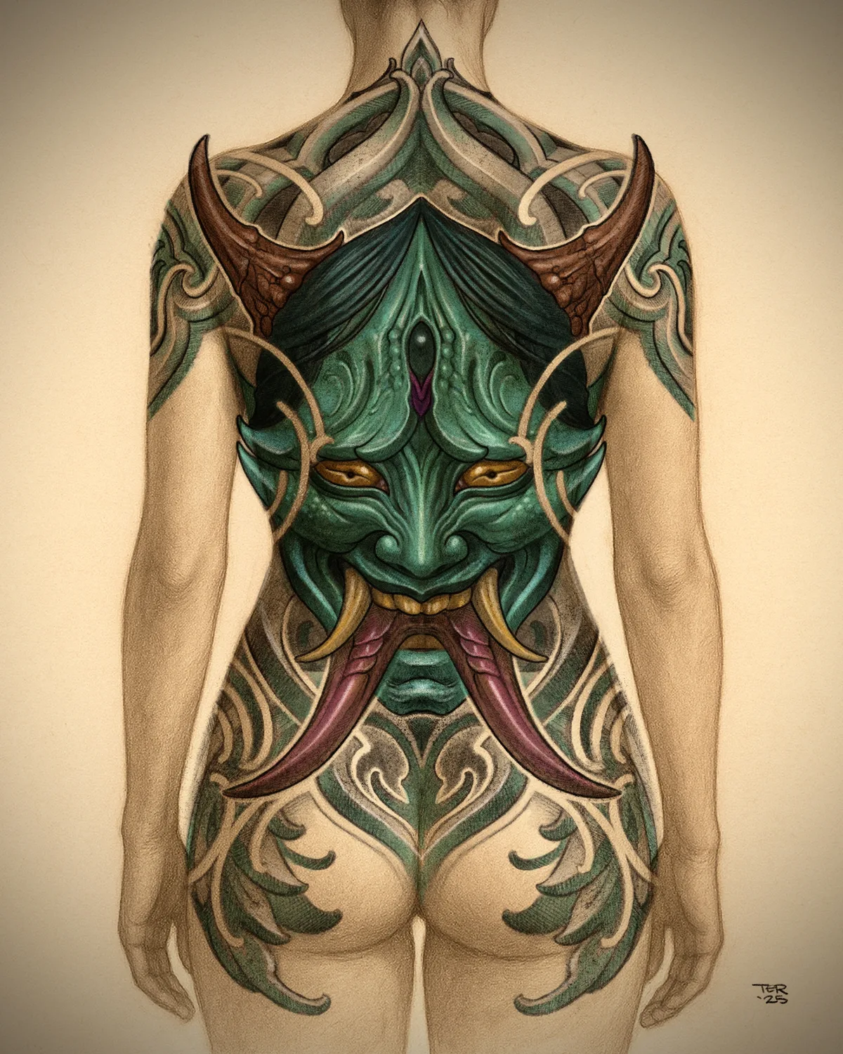 Illustrative hannya body suit design drawing by Terry Ribera, San Diego