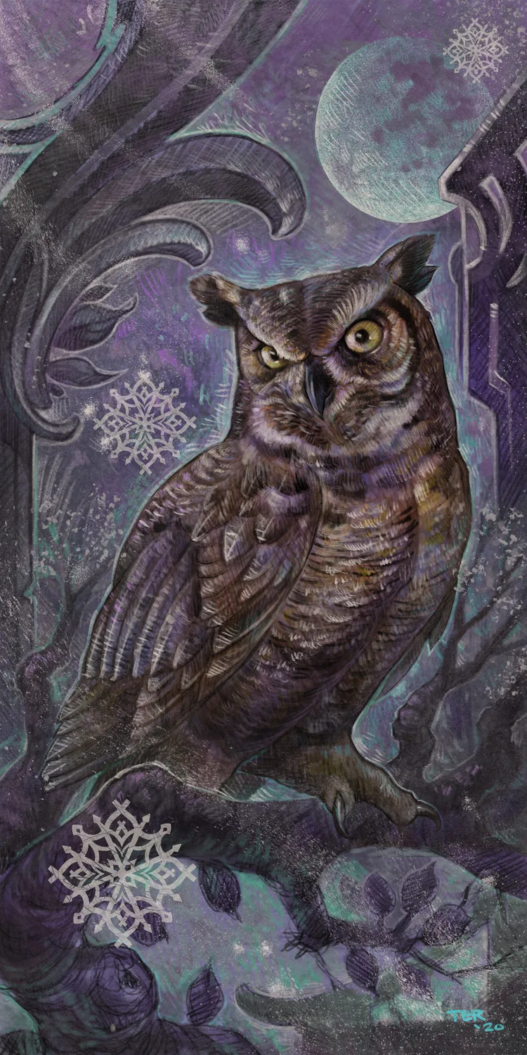 Illustrative horned owl night painting by Terry Ribera, San Diego