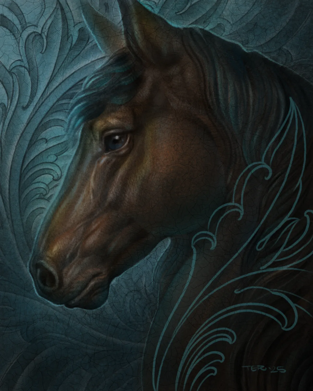 Illustrative horse and ornamental painting by Terry Ribera, San Diego