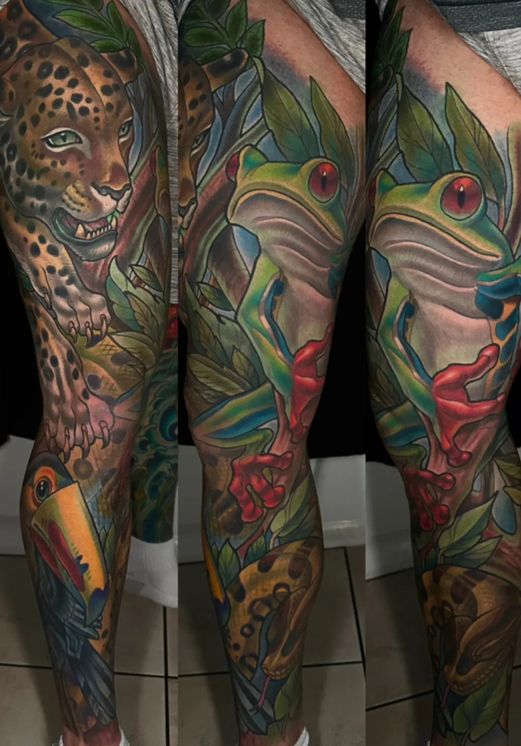 Illustrative jaguar and tree frog color leg sleeve by Terry Ribera, San Diego